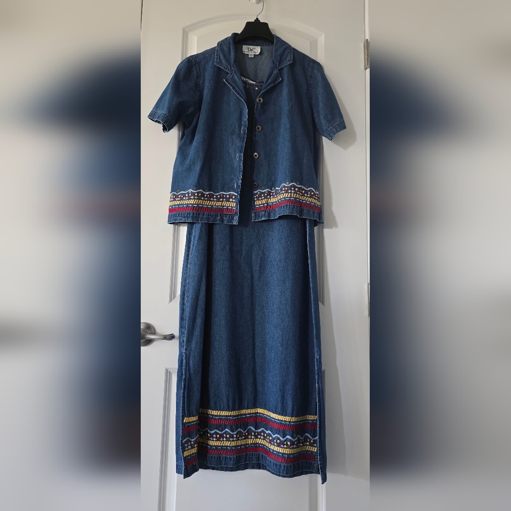 Vtg Donna Ricco 2 Piece Denim Outfit Embroidered Sequin Dress Top Size 10 P‎
